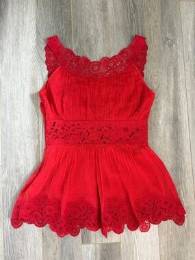Catherine Malandrino Red Silk Lace Trim Peplum Top Size 4